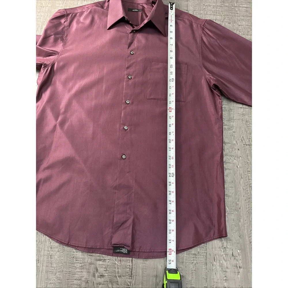 Alfani Mens Silk Burgundy Button Front Collar Long Sleeve Shirt Sz  L  16 34 /35